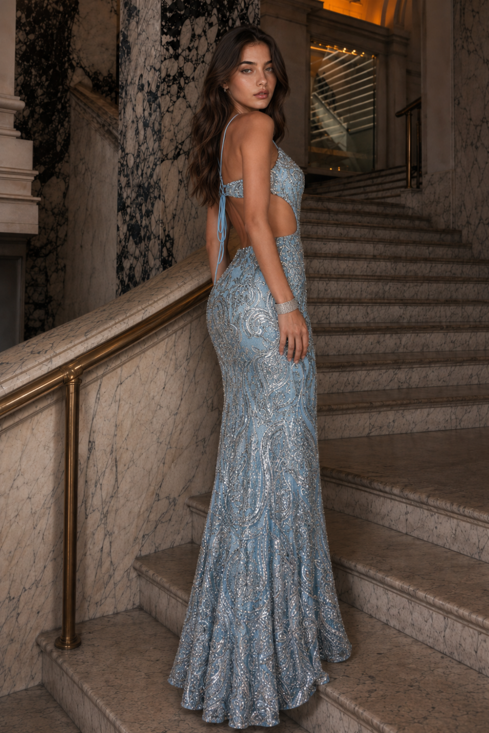 Light Blue Sheath Spaghetti Strap Sequin Cutout Long Prom Dress