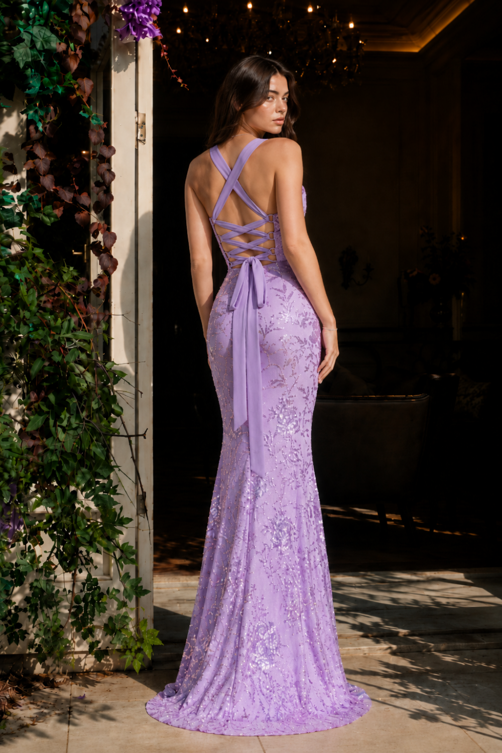 Lavender Sheath Halter Sequin Long Prom Dress with Slit