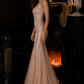 Champagne Mermaid V Neck Sequin Long Prom Dress with Lace