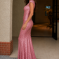 Rose Pink Mermaid Square Neck Sequin Long Prom Dress
