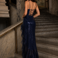 Navy Blue Sheath Spaghetti Strap Sequin Long Evening Dress with Slit