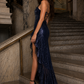 Navy Blue Sheath Spaghetti Strap Sequin Long Evening Dress with Slit