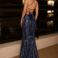 Sparkly Navy Blue Sheath Spaghetti Strap Sequin Long Evening Dress with Slit