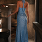 Sparkly Blue Sheath Halter Sequin Long Evening Dress