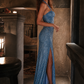 Sparkly Blue Sheath Halter Sequin Long Evening Dress
