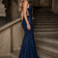 Sparkly Dark Blue Sheath Halter Sequin Long Evening Dress