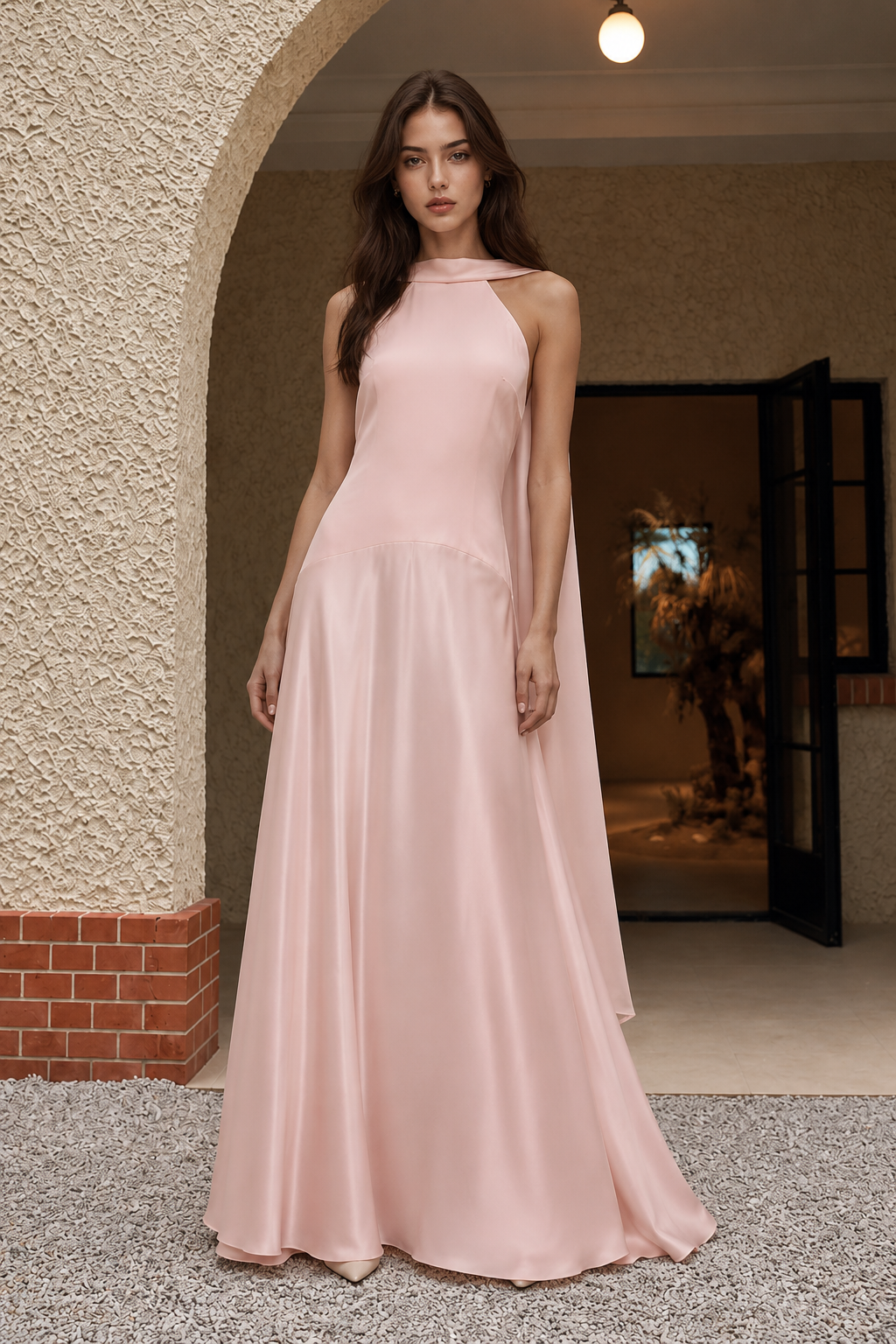 Blush A Line Halter Long Prom Dress with Draped Neck