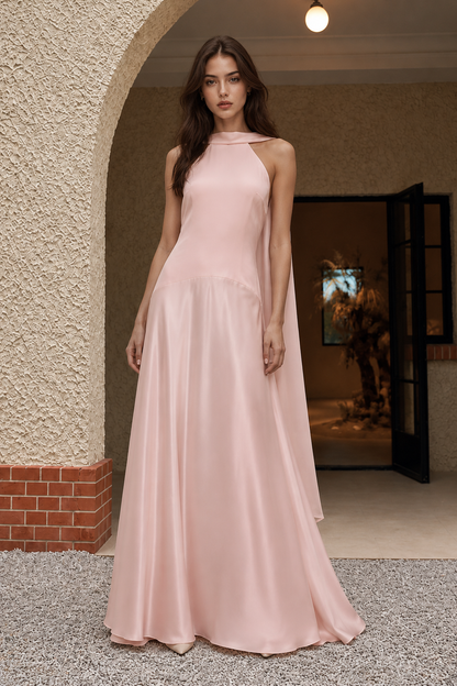 Blush A Line Halter Long Prom Dress with Draped Neck