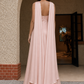 Blush A Line Halter Long Prom Dress with Draped Neck