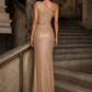 Champagne Sheath One Shoulder Long Prom Dress with Sequins