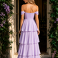 Lavender A Line Off Shoulder Prom Dress with Tiered Ruffles