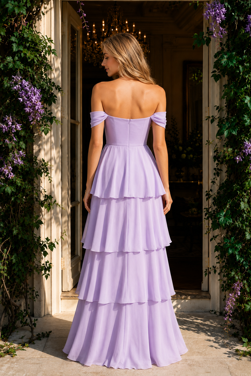 Lavender A Line Off Shoulder Prom Dress with Tiered Ruffles