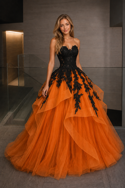 Orange Ball Gown Strapless Prom Dress with Appliques