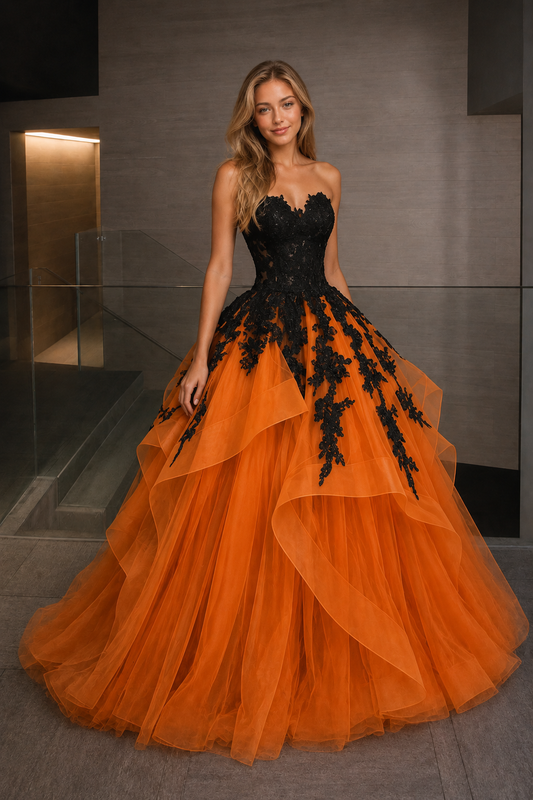 Orange Ball Gown Strapless Prom Dress with Appliques