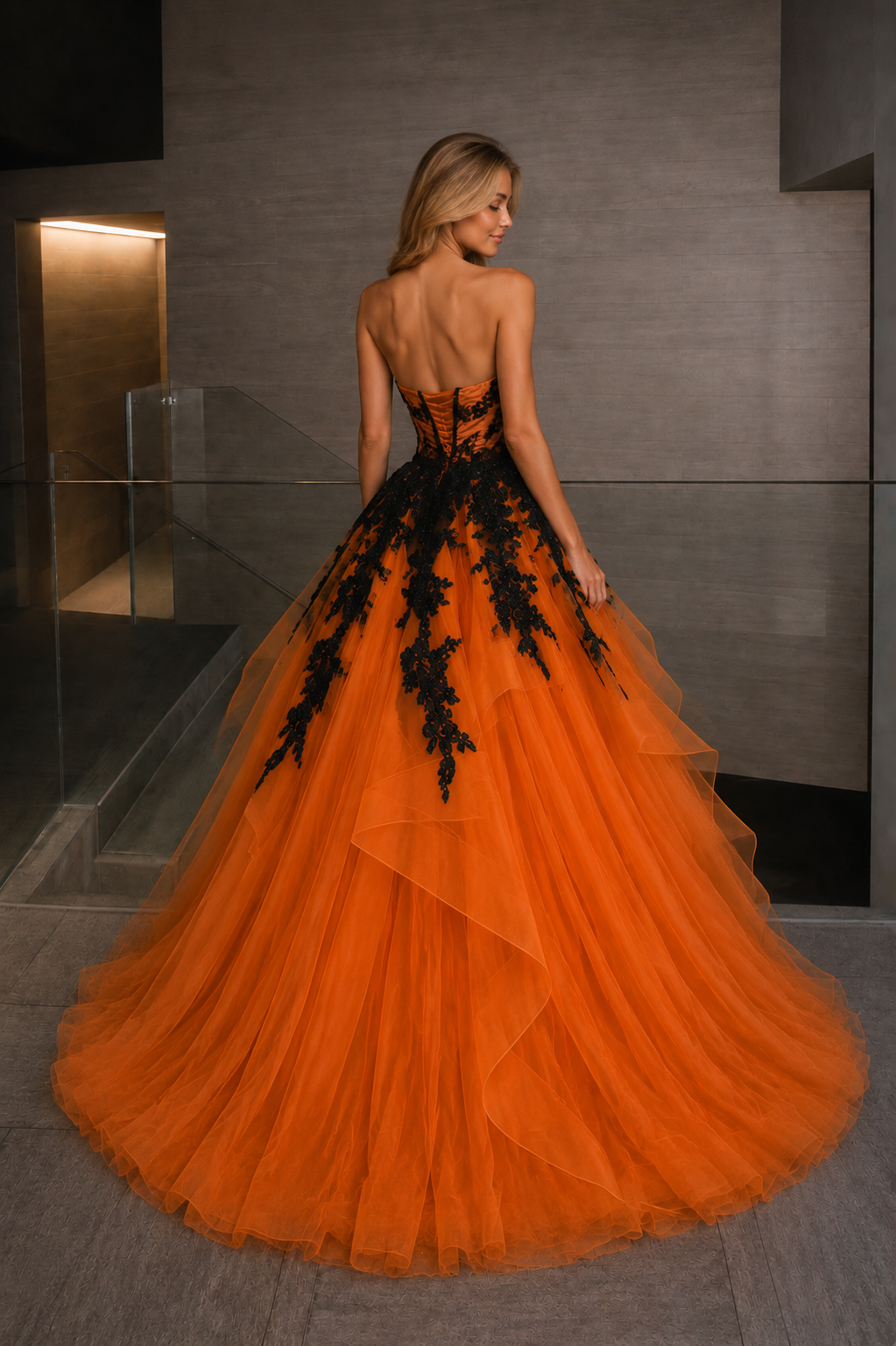 Orange Ball Gown Strapless Prom Dress with Appliques