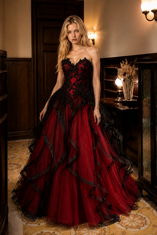 Burgundy Ball Gown Strapless Prom Dress with Ruffles