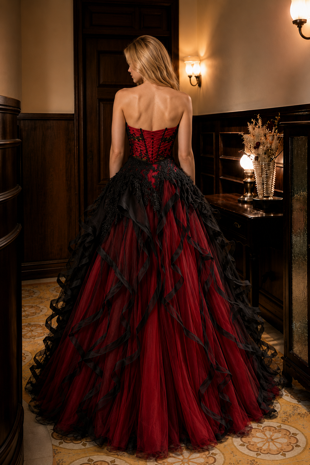 Burgundy Ball Gown Strapless Prom Dress with Ruffles
