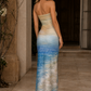 Blue Sheath Strapless Prom Dress with Floral Print