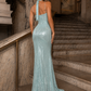 Light Blue A Line Halter Prom Dress with Slit