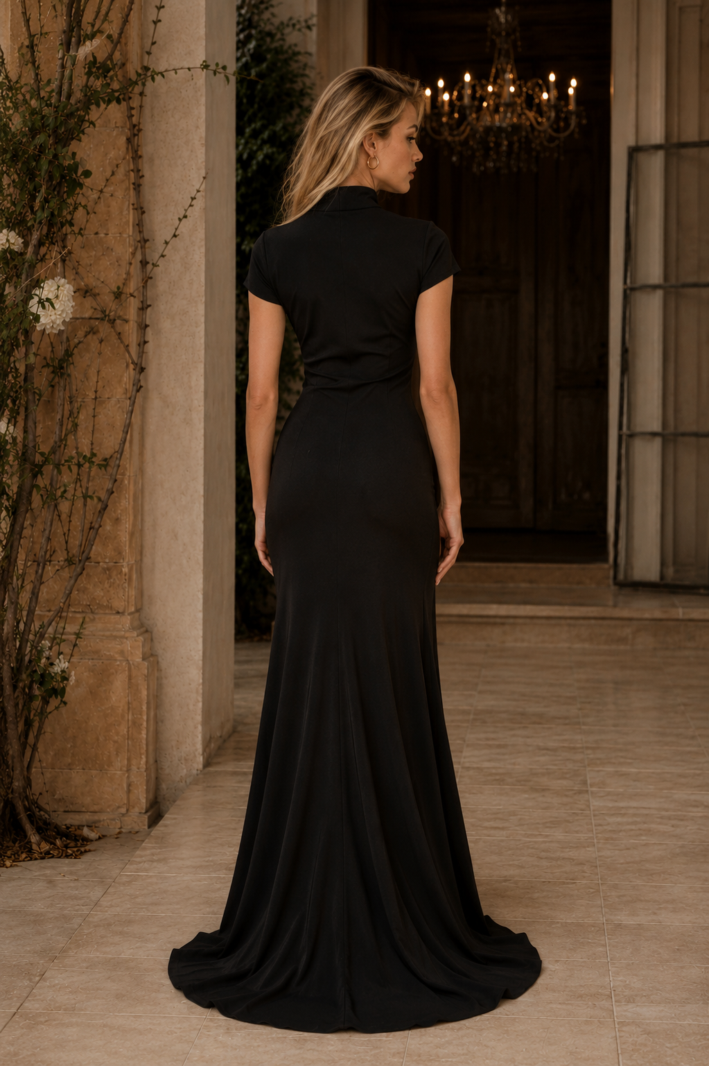 Black Sheath High Neck Evening Dress with Cut Out